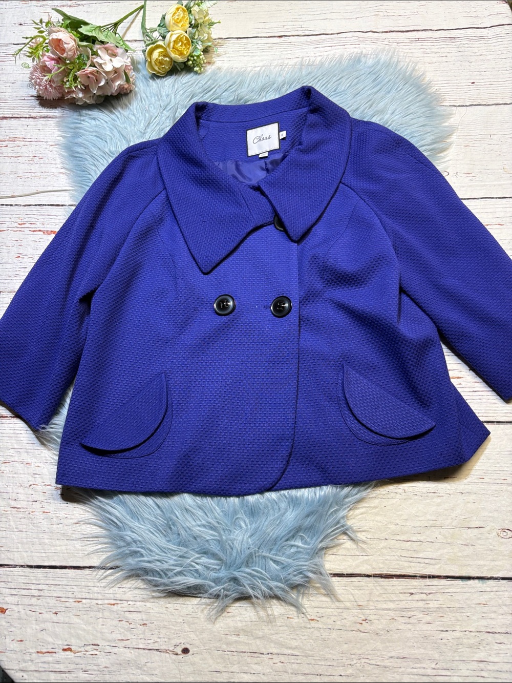 Chaus Blue Double-Breasted Short Textured Jacket sz 16